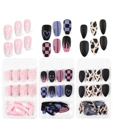 72 Pieces Short Fake Nails Coffin False Nails- Full Cover Coffin Press On Nails Short Nails Stick on Nails Artificial Tips Nails Acrylic False Nails for Women and Girls Pink Green and Black