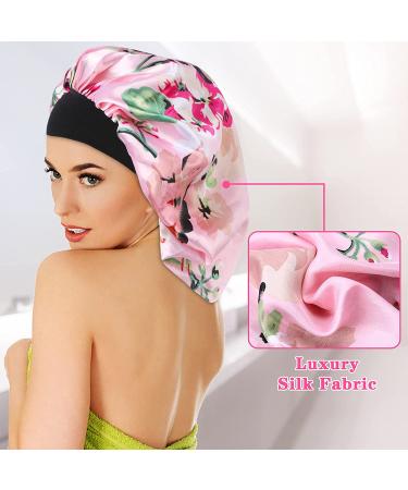 2PCS Large Satin Bonnet Set for Curly Hair - Black+Pink Flower | Jumbo Sleep Cap for Women | Hair Care & Protection - Buy Online on GoSupps.com