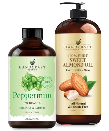 Handcraft Blends Cooling Body Oil Set: Sweet Almond Oil (16 Fl Oz) and Peppermint Essential Oil (4 Fl Oz) 100% Pure & Natural for Invigorating Massage and Tired Muscles