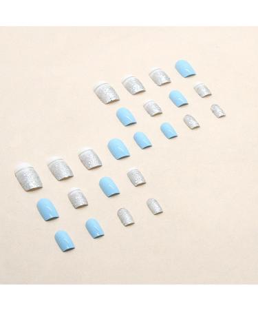24PCS French Square False Nails - Blue Solid Color Flash Acrylic Fake Nails for Women - Easy Press-On with Glue - Nail Art for Girls - Buy Online on GoSupps.com