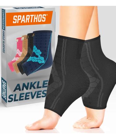 Sparthos Ankle Compression Sleeve (Pair)  Plantar Fasciitis Brace with Arch Support  Foot Ankle Socks for Men and Women  Increase Blood Circulation, Reduce Swelling & Heel Spurs (Black-M) Medium (Pack of 2) Midnight Black
