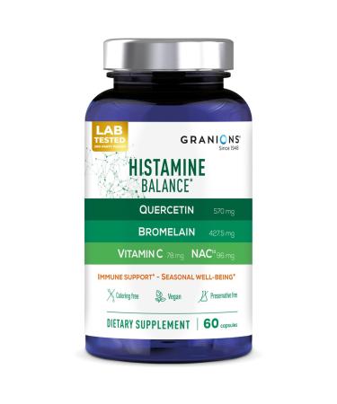 Granions Histamine Balance Complex - Quercetin with Bromelain NAC and Vitamin C - D-Hist Seasonal Histamine Blocker & Immune Support Supplement for Adults and Children - 60 Vegan Capsules Unflavored 60 Count (Pack of 1)