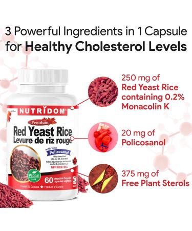 Nutridom Red Yeast Rice with Policosanol & Free Plant Sterols Supports Cholesterol Health Non-GMO Vegan Gluten free Dairy free and Soy free (60 Veggie Capsules) - Buy Online on GoSupps.com