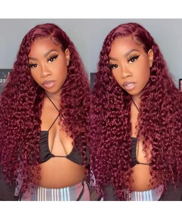 ISEE Hair 99J Water Wave Transparent Lace Front Wigs Human Hair Pre Plucked 26 Inch 150% Density Brazilian Deep Curly Wave Human Hair Wigs for Women Burgundy Colored 13x4 Lace Frontal Wigs 26 Inch 99J Burgundy