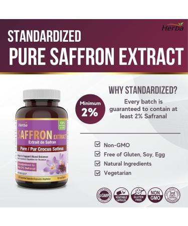 Herba Saffron Supplement 90 Capsules | Saffron Extract Standardized to 2% Safranal and 3% Crocin | 15mg Saffron from Pure Crocus Sativus | Helps to Support Mood Balance | NPN from Health Canada - Buy Online on GoSupps.com