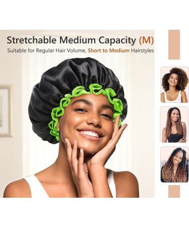 Mikimini Black Shower Cap - Reusable Double Layer Waterproof Bathing Hat with Soft Comfort PEVA Lining - Stretchy Cap for Women, Men & Girls - Medium Size - Black+Green - Buy Online on GoSupps.com