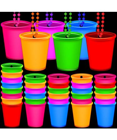 24 Pieces Shot Glass Necklaces Light Up Necklace Shot Glasses Glow in the Dark Neon Plastic Shot Necklace Cups on Beaded for Halloween Christmas Wedding Glowing Party Favor, 6 Colors