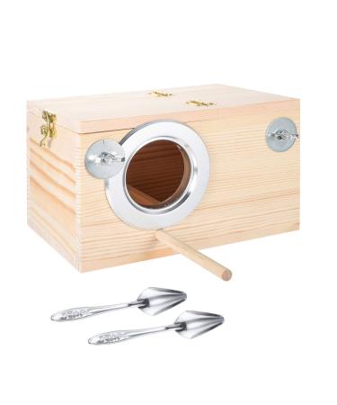 Skyeasure Budgie Nesting Box Bird Nests for Cages Bird Nest Breeding Box Natural Wood House Parrots Mating Box Aviary Cage with Stainless Steel Feeding Spoon for Lovebirds Budgies Finch Wood-S