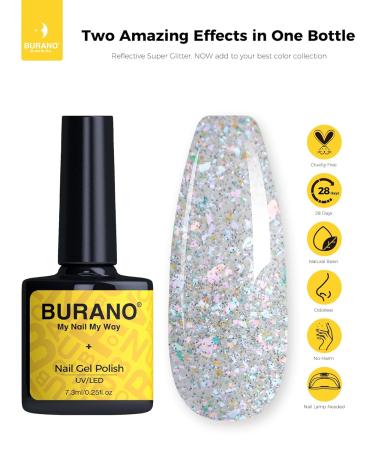 BURANO Holographic Gel Polish - Reflective White Silver Glitter UV LED Nail Polish 7.3ml for Home DIY - Curing Required (YH11 - Buy Online on GoSupps.com