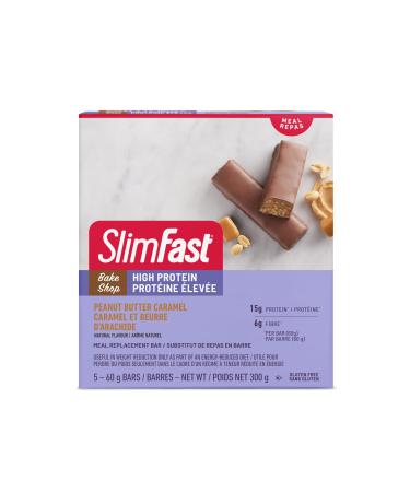 Case of 12 Boxes of Slimfast Bake Shop Meal Replacement Bars with 15g of Protein & 5g Fiber 5 - 60g Bars per Box and 12 Boxes per case 60 Bars Total Peanut Butter Caramel Bar