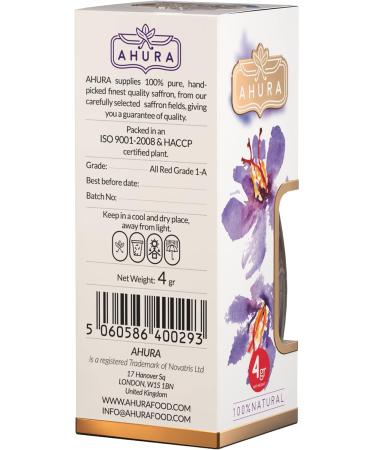 Ahura Finest Natural Saffron Threads - Pure Grade 1 All Red Saffron Spice - 4g Jar for Tea, Paella, Risotto, Pasta, Rice Cooking - No Additives - Buy Online on GoSupps.com
