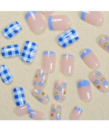 Shop Cute Press on Nails - Bee & Flower Designs | Square Full Cover Acrylic Nails - Blue & White Checkered French Tips for Summer - Perfect for Women & Girls - Buy Online on GoSupps.com