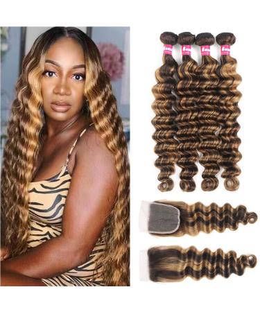 10A Highlight Loose Deep Wave Bundles Human Hair with Closure(16 18 20Inch+16) 4/27 Color Ombre Human Hair Loose Curly 3 Bundles and Closure 100% Unprocessed Human Hair Bundles Closure 16 18 20+16 Highlight Highlight bun...