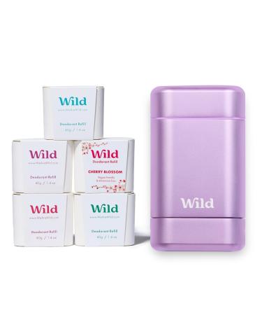Wild - Refillable Natural Deodorant - Purple Case with Refill Variety Pack - Includes Cotton & Sea Salt Cherry Blossom Coconut & Vanilla Mint & Aloe Vera Pomegranate & Pink Peppercorn