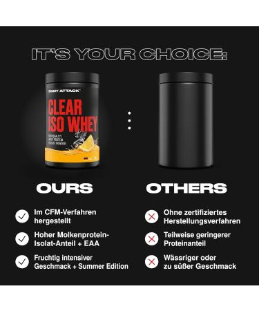 Body Attack Clear Iso Whey Ice Tea Lemon 300 g Fabriqu en Allemagne Isolat rafra chissant et transparent de prot ines de lactos rum 24 g de prot ines et 11 400 mg d'EAA par Iso Whey Shake - Buy Online on GoSupps.com