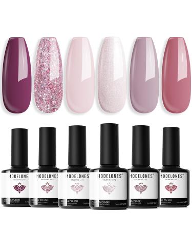 Modelones Gel Nail Polish 6 Colors White Soft Pink Gel Polish Classic Nude Purple Glitter Nail Polish Gel Soak Off U V Gel Nail DIY Salon Manicure French Popular Nails Art Gifts for Women
