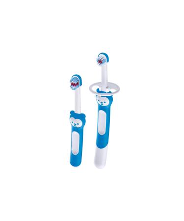 Mam Learn to Brush Set Baby toothbrush with a long handle to hold together children's toothbrush trains brushing your teeth from 6+ months blue