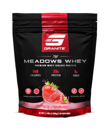 Granite Supplements The Meadows Whey Protein Isolate Protein Powder for Lean Muscle with 150 Calories 2g Fiber 1g Sugar (30 Servings) Fresh Strawberry Flavor