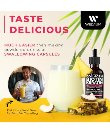 WELVIUM Liquid Biotin and Collagen Peptide Complex with Keratin Hyaluronic Acid MCT Oil Zinc Vitamins B6 B7 B12 A C D3 E - Hair Skin and Stronger Nails Supplement for Women and Men - Buy Online on GoSupps.com
