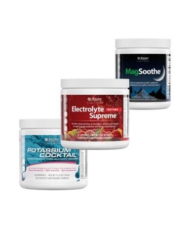 Jigsaw Pickleball Hydration Stack | Potassium Cocktail (Blue) Electrolyte Supreme (Fruit Punch) and MagSoothe (Raspberry Lemonade) 60 Servings (Jar)