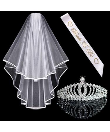 Awtlfe Wedding Accessories Set for Bride: Crystal Tiara/Crown Wedding Veil Bride to be Sash