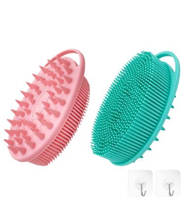 ILVISEST 2Pack 2 in 1 Bath and Shampoo Brush Exfoliating Silicone Body Scrubber Easy to Clean Shampoo Scalp Massager Brush for Dry and Wet (Green & Pink)