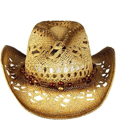 Western Style Tea Stain Toyo Straw Cowboy/Cowgirl Hat with Beads - Brown - Buy Online on GoSupps.com