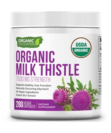Organic Discounters USDA Organic Milk Thistle Extract Capsules, 280 Count, 7500 mg Strength, Potent 30:1 Extract, USDA Certified Organic, Rich in Silymarin Flavonoids, Vegan, Non-GMO and All-Natural