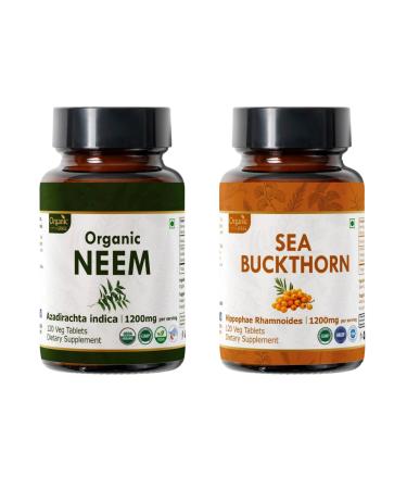 ORGANIC SPREE Neem & Sea Buckthorn Supplement 120 Tablets Each USDA Organic Skin & Immunity Support Azadirachta Indica & Hippophae Rhamnoides Omega 7 Superfruit*