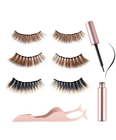miaowang 6D Magnetic Brown Eyelashes and Magnetic Eyeliner Kit 3 Style with Tweezers (Brown)