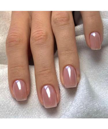 Chrome Press on Nails Short Square Fake Nails with Chrome Designs Glossy Glue on Nails Press ons Full Cover False Nails Acrylic Artificial Short Stick on Nails for Women 24 Pcs