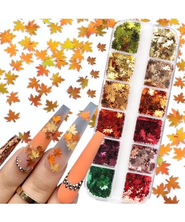 12 Grids 3D Maple Leaf Nail Glitter Sequins Fall Nail Art Stickers Decals Holographic Laser Red Gold Yellow Orange Fall Glitter Leaves Designs Autumn Nail Charms Thanksgiving Nail Art Decorations B