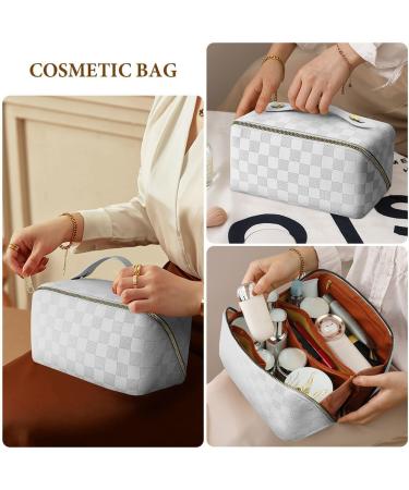 Aucuu Large Capacity Travel Cosmetic Bag for Women Girls PU Leather Waterproof Layered Storage Makeup Bag with Handle Portable Travel Organizer (Checkered White) #14 White-14 - Buy Online on GoSupps.com