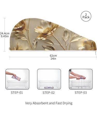 Luxury Gold Flower Hair Towel Set - 2 Pack Super Absorbent Quick Dry Turbans for Women & Girls - Buy Online on GoSupps.com
