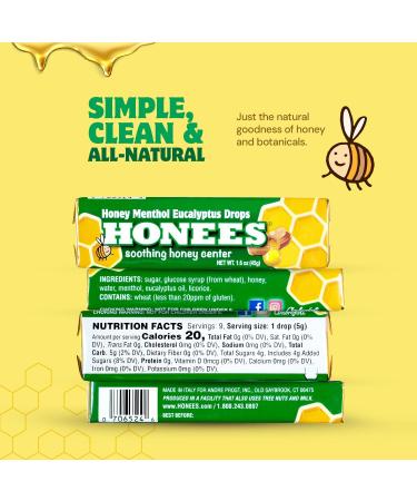 Honees Filled Menthol Cough Drops, Honey, Menthol & Eucalyptus Cough Drops- Natural Sore Throat Relief - Nothing Artificial -Throat Lozenges, Non-GMO (6 Pack 54 Drops) Eucalyptus 6 Pack-54 Drops - Buy Online on GoSupps.com
