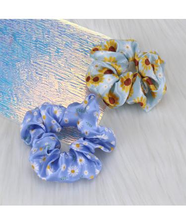 Daisy Flower Blue Hair Scrunchies 2PCS - Women's Silk Hair Accessories & Ponytail Holder Bracelet - Buy Online on GoSupps.com