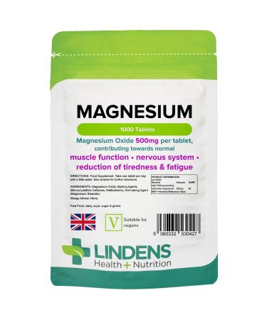 Lindens Magnesium Tablets 500mg 1000 Tablets Reduces Tiredness and Fatigue Supports Metabolism Muscle Function Nervous System Bones and Teeth - UK Manufacturer Letterbox Friendly Orange 1000 Count (Pack of 1)