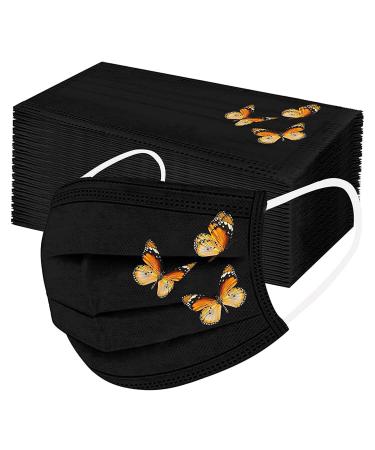 Butterfly Face Shield 50pcs Disposable Mouth Cover Breathable 3 Layer Dust Face Bandanas for Adult Men & Women D One Size