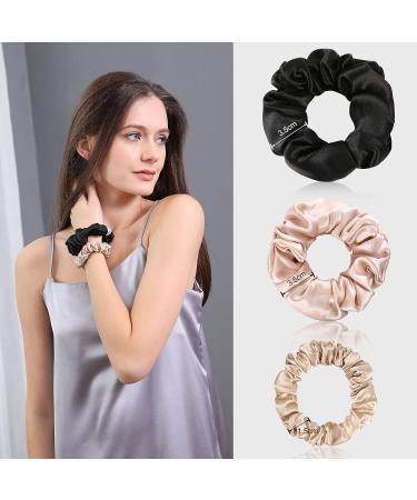 DaisySilk 22 Momme Mulberry Silk Scrunchies - 3 Pack Hair Ties for Frizz Prevention - Thick Silk Scrunchies for Women - Valentine's Day Gift - Black, Pink, Champagne - Buy Online on GoSupps.com