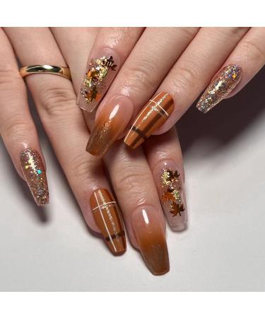 Fall Press on Nails Coffin Fake Nails Maple Leaves False Nails Medium Length Acrylic Nails Gradient Brown Stick on Nails Glitter Line Artificial Nails Glossy Autumn Glue on Nails for Women Girls L12