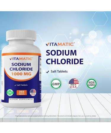 Vitamatic Sodium Chloride 1000mg - 365 Non-GMO & Gluten-Free Salt Tablets for Electrolyte Replenishment & Hydration - International Shipping Available - Buy Online on GoSupps.com