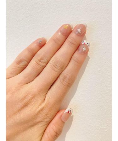 Short Squoval Nude French Hello+ + Kitty Cute Diamond Fake Press On Nail Set