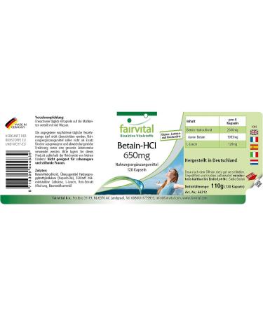 Fairvital Betaine HCl 650mg - High Dose Vegan Betaine Hydrochloride Capsules - 120 Count for Optimal Digestion - Buy Online on GoSupps.com