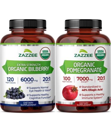 Zazzee USDA Organic Pomegranate and Bilberry Extract Capsules | 20:1 Bilberry Supplement Plus Pomegranate Extract Supplement | Antioxidant Support Bundle