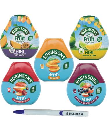 Robinsons Squash d Mini 5 Flavour Pack 1xSummer Fruit 1xMango & Passion Fruit 1xOrange 1xApple & Blackcurrant And 1xLemon & Lime No Added Sugar Real Fruit in Every Drop With Shanza Pen - Buy Online on GoSupps.com