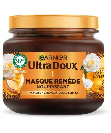 Garnier Ultra Doux - Masque Rem de Nourrissant - Huile d'Argan & de Cam lia - Pour Cheveux Secs & Ternes - Sans Silicone & Sans Parab ne - 340 ml