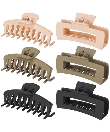 IENIN Hair Claw Clips Large Hair Clips for Thick Hair Jumbo Matte Claw Nonslip Strong Hold Hair Styling Accessories for Heatless Hair Curler Neutral Color 6 Pack 4.3 Inch Rectangle Hair Claws Black Grey Green Beige