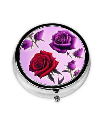 Red and Purple Rosesround Pill Box 3 Compartments Round Pill Box Organizer for Purse Or Pocket Portable Travel Pill Box
