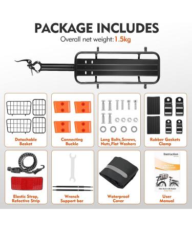Versatile Bike Rear Rack with Basket | 165lb Load Capacity | Quick Mount & Adjustable | Includes Free Bungee Cord, Tools & Waterproof Cover - Buy Online on GoSupps.com