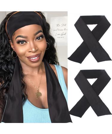 XTREND 2Pcs Women's Edge Scarf for Hair Non-slip Wig Grip Keep Wigs Soft Women's Satin Headband for Makeup (2 pcs  Black) 2 Pcs-New Style Black